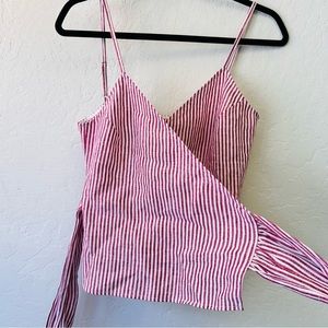 Reformation Red and White Striped Linen Wrap Top, Small